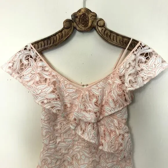 Club Monaco Guipure Lace Diagonal Flounce Mini Sheath Dress Pink White 2 Club Monaco Guipure Lace Diagonal Flounce Mini Sheath Dress Pink White 2